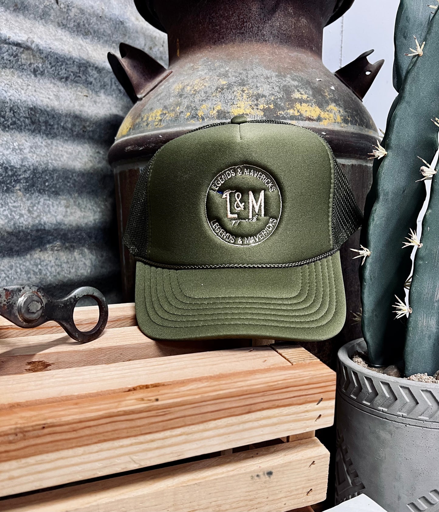 Embroidered Trucker Cap-Olive